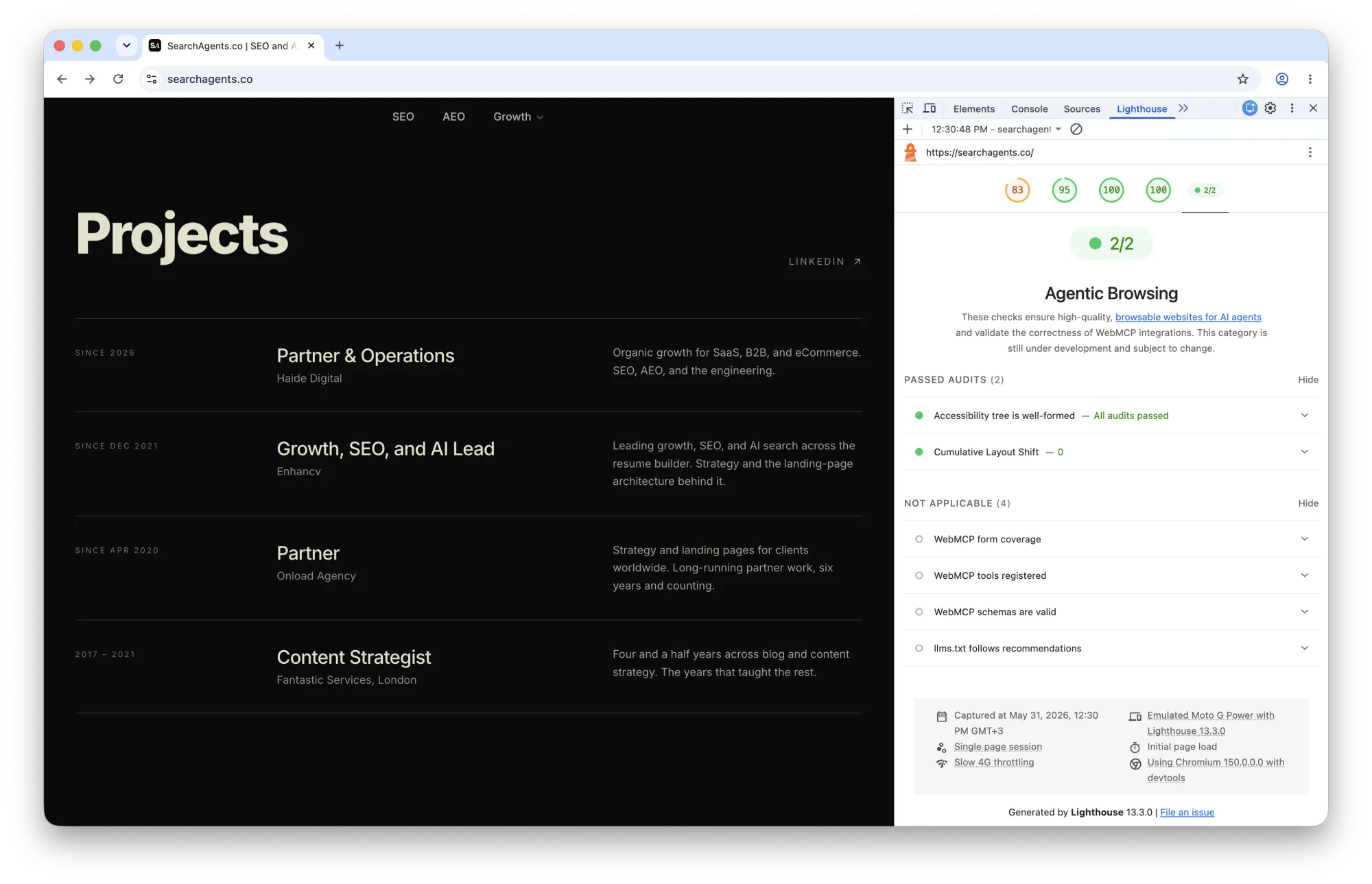 Lighthouse 13.3.0 Agentic Browsing report for searchagents.co scoring 2 of 2. Passed audits: Accessibility tree is well-formed, and Cumulative Layout Shift. Not applicable: WebMCP form coverage, WebMCP tools registered, WebMCP schemas are valid, and llms.txt follows recommendations.